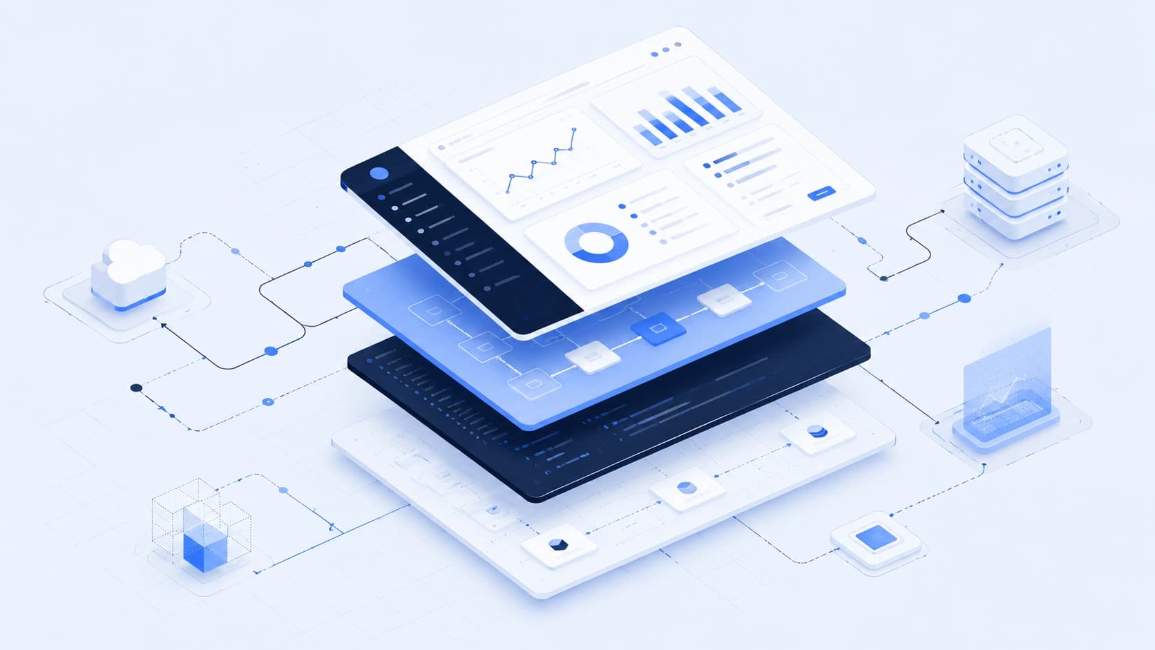 Visual representing digital platform design, workflow automation, and dashboard interfaces